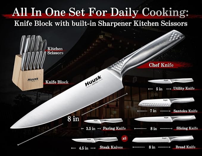 Huusk Knife Set with Block and Sharpener, 14 Pcs Japanese Stainless Steel Kitchen Knife Sets, Sharp Silver Professional Knives Set with Box for Kitchen, Gifts for Men Women