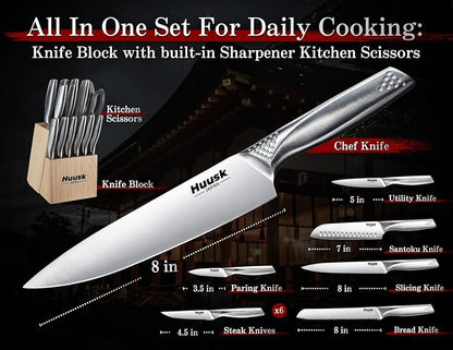 Huusk Knife Set with Block and Sharpener, 14 Pcs Japanese Stainless Steel Kitchen Knife Sets, Sharp Silver Professional Knives Set with Box for Kitchen, Gifts for Men Women