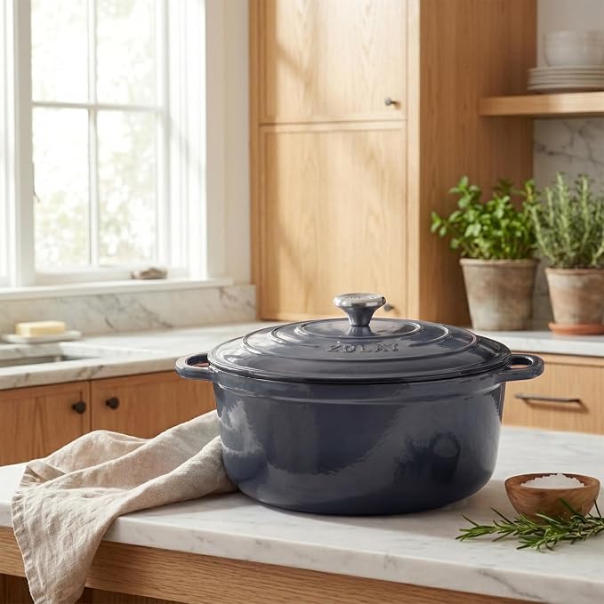 Zulay Kitchen 5 Quart Enameled Cast Iron Dutch Oven Pot with Lid – Premium Durability & Oven Safe up to 500°F – Heavy Duty Cookware Perfect for Bread Baking, Stews, Braising & Roasting – Gray
