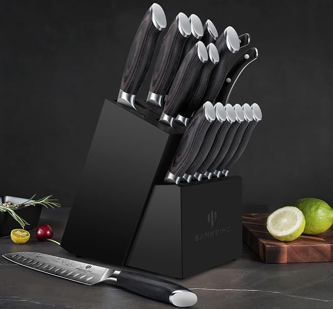 16 Pieces Knife Set, Knife Block Set in Powder Steel, Ultra Sharp Kitchen Knives Set, High Hardness Japanese Knife Set with Ergonomic Pakkawood Handle, Chef Knives Set for Kitchen Cooking