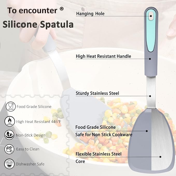 To encounter 5 Pieces Silicone Spatula Set, Non-Stick Silicone Turner Spatulas, Heat Resistance Cooking Utensils, Flip Turner for Fish, Egg, Pancake, Light Grey