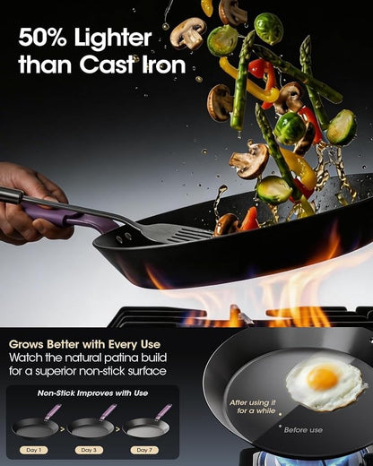Carbon Steel Skillet 12 Inch, Nitrided Steel Frying Pan, Preseasoned Rust Resistant Large Cooking Pan with Ergonomic Handle & Removable Silicone Grip, Induction & Oven Safe