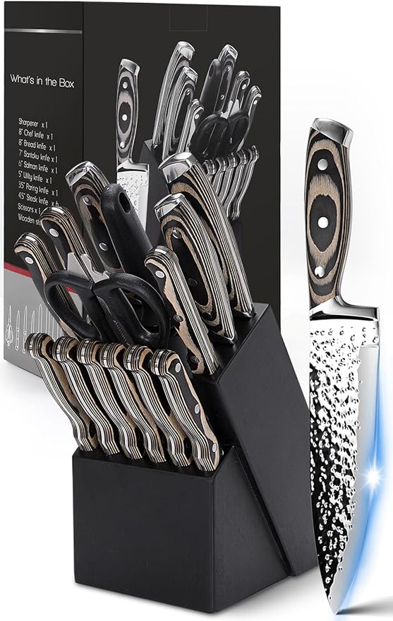 Methway Knife Set, 15-Piece Kitchen Knife Set with Block, High Carbon Stainless Steel Japanese Knife Set, Sharp Hammered Finish, Full Tang, Ergonomic Wood Grain Handle, Dishwasher Safe, Gray