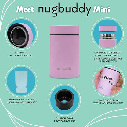 nugbuddy Mini Airtight Storage Container - Vacuum Sealed Insulated w Nested Glass Jar - UV Protection, Temperature Controlled Stainless - Whiteboard Finish w Marker Included - 100 ml (1/4 Oz)