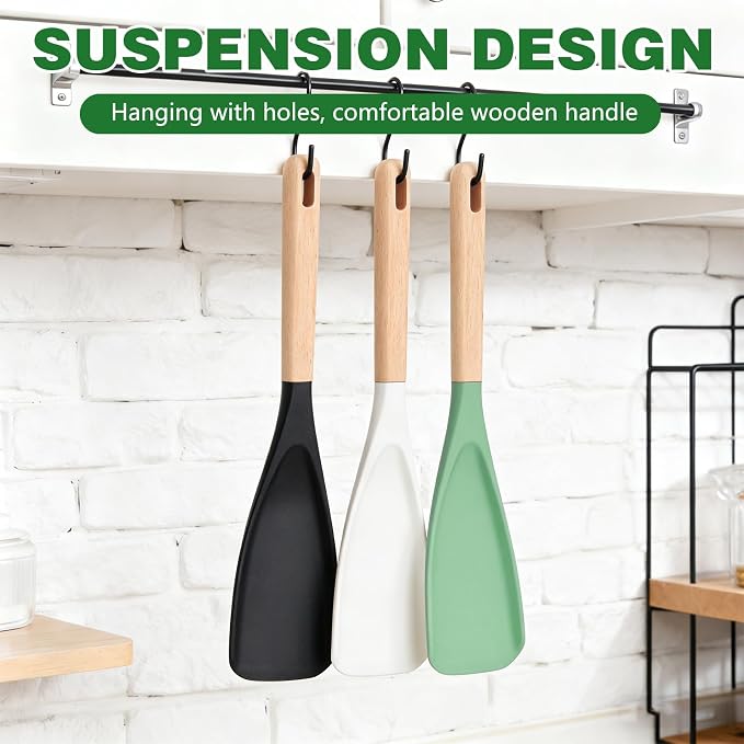 3Pack Cedar and Ash Spoonula–Multi Function Spatula Cooking Spoon with Wooden Handle,Heat Resistant & Nonstick Kitchen Utensils Safe Silicone Head Spoon for Mixing,Stirring,Scooping,Flipping,Serving