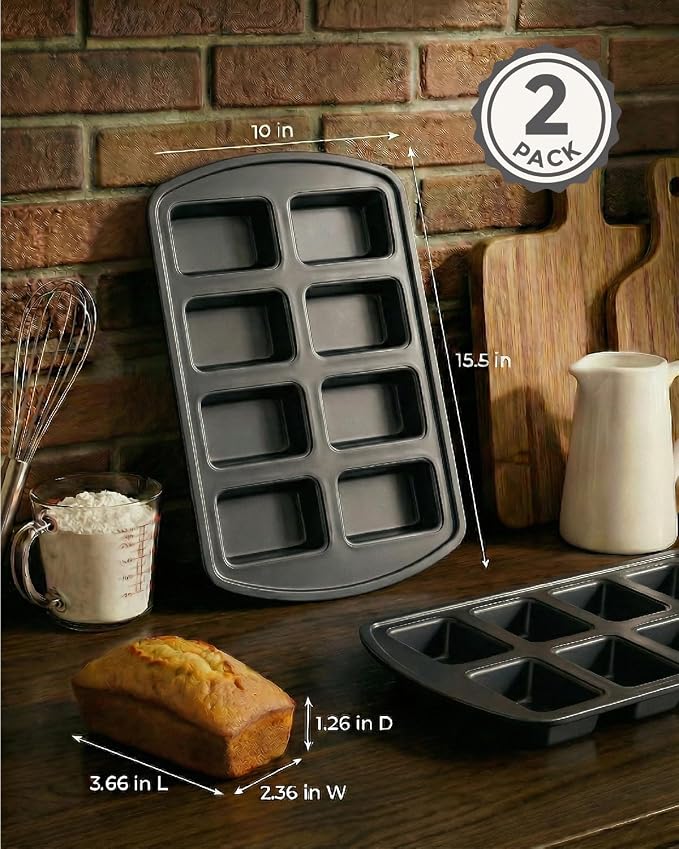 CARTMAN 2-Pack 8-Cavity Mini Loaf Pans Set with Spatula & Brush – 15.5” x 10” Nonstick Carbon Steel Small Bread Pan for Banana Bread, Meatloaf & Keto Snacks Classic Black