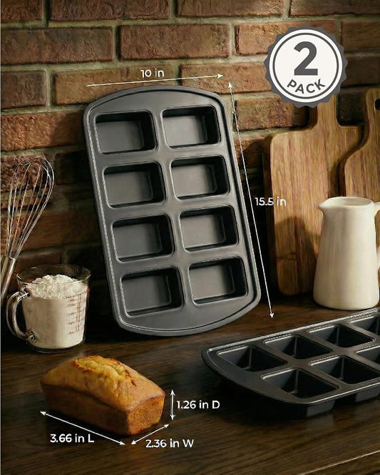 CARTMAN 2-Pack 8-Cavity Mini Loaf Pans Set with Spatula & Brush – 15.5” x 10” Nonstick Carbon Steel Small Bread Pan for Banana Bread, Meatloaf & Keto Snacks Classic Black