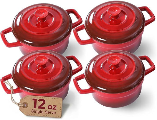 Lareina Mini Cocotte - 12oz Ceramic Casserole Dishes - Kitchen Casserole Sets With Handles And Lid - Small Baking Ramekins - Oven, Microwave & Dishwasher Safe - Set of 4 - Red