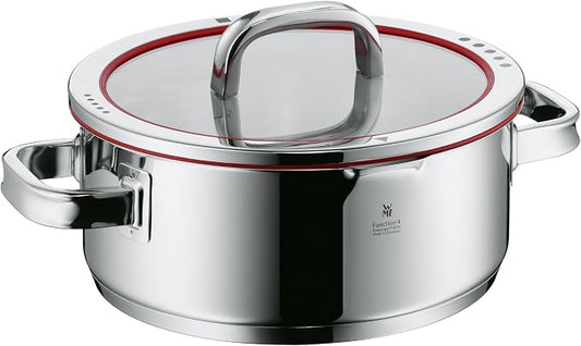 WMF cookware Ø 24 cm approx. 4,1l Function 4 Inside scaling lid - pour off or decant liquids without spilling to keep your dishes and cooker clean. Made in Germany hollow side handles glass lid Cromargan stainless steel brushed suitable for all stove t...
