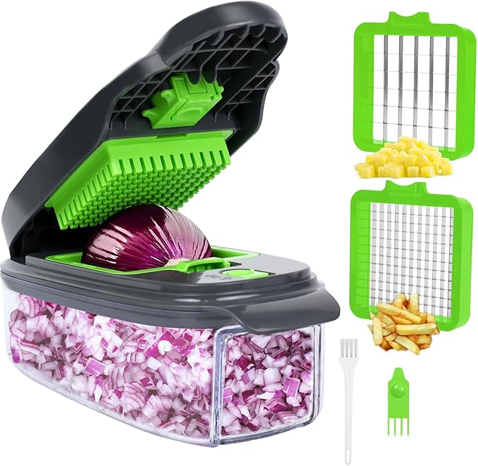 2-in-1 Vegetable Dicer, Onion Chopper with 6.7mm and 13.5mm Dicing Blades, 1.5L Food Prep Container for Salad, Potato, Tomato, Home Kitchen Meal Prep(Greygreen)