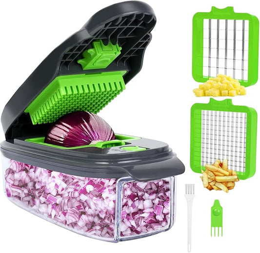 2-in-1 Vegetable Dicer, Onion Chopper with 6.7mm and 13.5mm Dicing Blades, 1.5L Food Prep Container for Salad, Potato, Tomato, Home Kitchen Meal Prep(Greygreen)