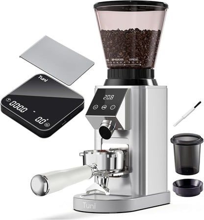 Tuni G1 Silver Conical Burr Coffee Grinder with Black Digital Coffee Scale, 48 Grind Settings Anti-static Coffee Bean Espresso Grinder for Espresso/Drip/Cold Brew/French Press