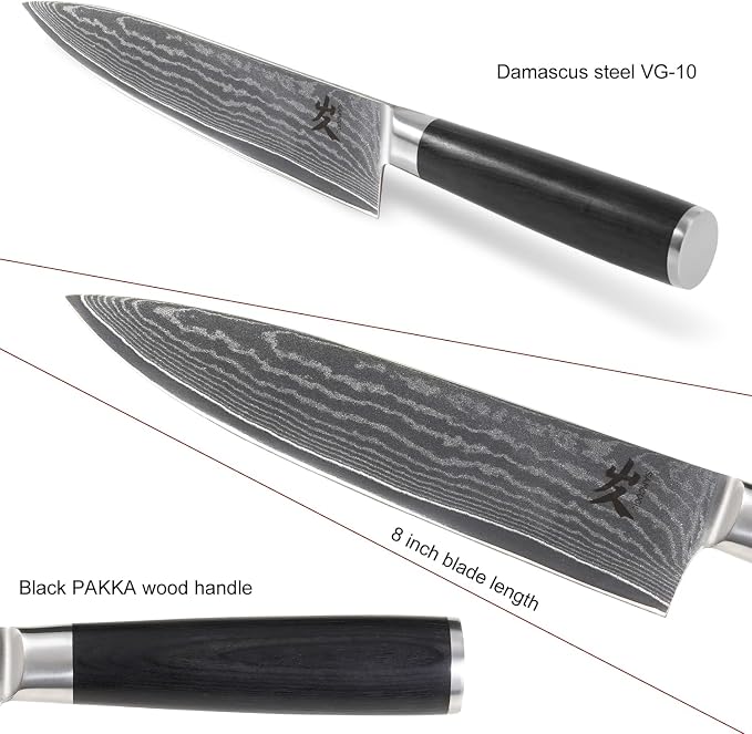 SAMCOOK Damascus Knife Set 4PCS,Ultra Sharp Professional Chef Knives Santoku Knife Paring Knife VG10 High Carbon Stainless Steel with Black Pakkawood Handle,Sharpening Stone,Premium Gift Box
