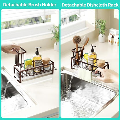 HapiRm Sponge Holder for Kitchen Sink - Self-draining Sink Caddy with Brush and Dishcloth Holders, Stainless Steel Kitchen Organizer for Countertop - Bronze