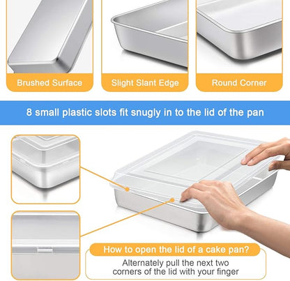 E-far Stainless Steel Baking Pan with Lid, 12⅓ x 9¾ x 2 Inch Rectangle Sheet Cake Pans with Covers Bakeware for Cakes Brownies Casseroles, Non-toxic & Healthy, Heavy Duty & Dishwasher Safe - Set of 2