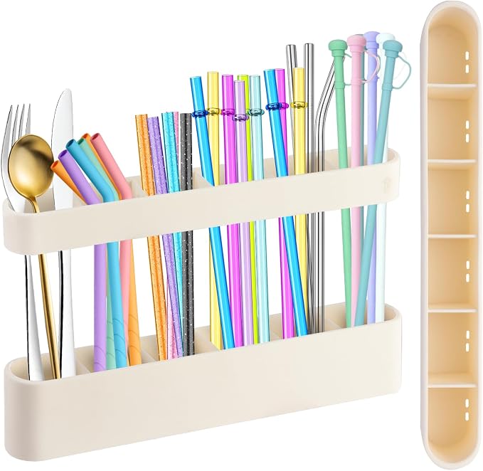 9.6'' Large Straw Holder for Cabinet Door, Soft Silicone Straw Organizer Storage Container, Space-Saving Reusable Straws Dispenser, Kitchen Organizer Accessories for Cabinet Cupboard Counter RVs