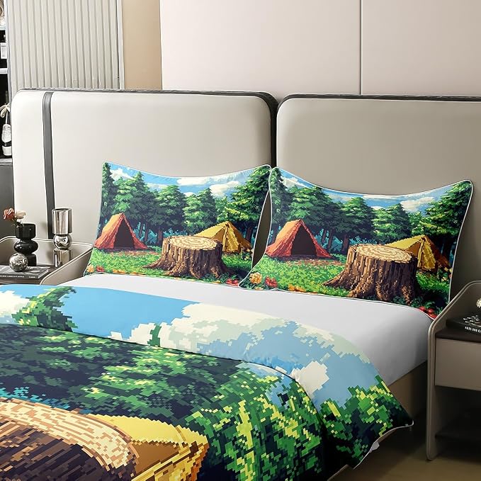 Castle Fairy Full Size Duvet Cover Camper Tent 100% Pure Cotton Comforter Cover Pixel Style Camping Bedding Set with 2 Pillowcases (Not Comforter) Video Games Quilt Cover