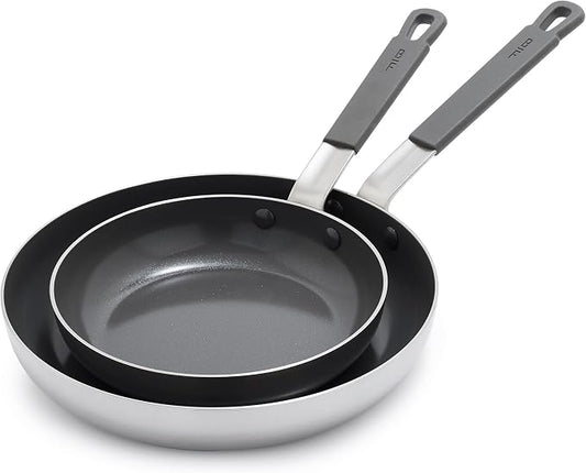 GreenPan x Bobby Flay Stainless Steel 8” & 10” Frying Pan Skillet Set, Professional Grade Tri-Ply, Multiclad, PFAS-Free Ceramic Nonstick, Induction Suitable, Dishwasher & Oven Safe, Stay Cool Handle