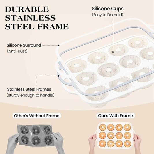 3 Inch Silicone Mini Fluted Tube Cake Pans with Metal Reinforced Frame, 12-Cavity Non-Stick Mini Flan Molds for Daily & Holiday Desserts (1 Pack)