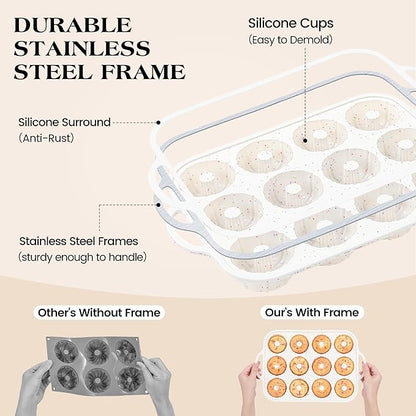 3 Inch Silicone Mini Fluted Tube Cake Pans with Metal Reinforced Frame, 12-Cavity Mini Flan Molds, Non-stick Silicone Baking Mold (2 Pc)
