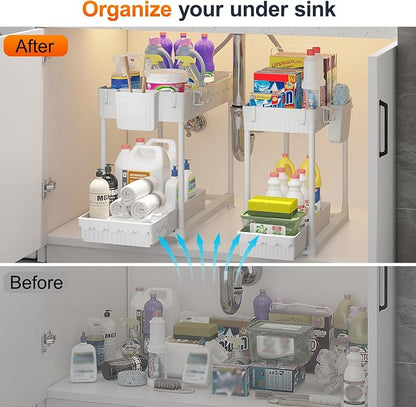 Sevenblue Under Sink Organizer, Bathroom Organizers and Storage, 2 Tier Multi-Use Pull Out Cabinet Organizer with Hang Hooks and Cups (White, 4 Pack)