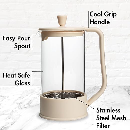 Primula French Press Coffee Maker, Heat Resistant Borosilicate Glass with Stainless Steel Filters, 8 Cup, 34 oz, Cream