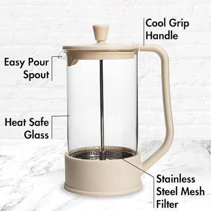 Primula French Press Coffee Maker, Heat Resistant Borosilicate Glass with Stainless Steel Filters, 8 Cup, 34 oz, Cream