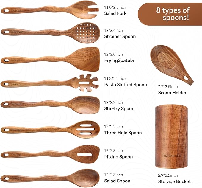 Kitchen 10PCS Teak Wooden Utensil Set with Holder and Spoon Rest | Non-stick, Easy to Clean, Durable, Smooth with Comfort Grip Wooden Spoons for Cooking - Non Toxic Wooden Cooking Utensil