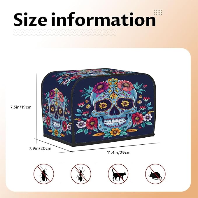 Flower Blue Skull Toaster Cover 2 Slice Wide Slot Washable Kitchen Appliance Covers Fingerprint Bread Machine Dust Cover Small Toaster Oven Accessories Covers Bread Maker Bag Women Gift