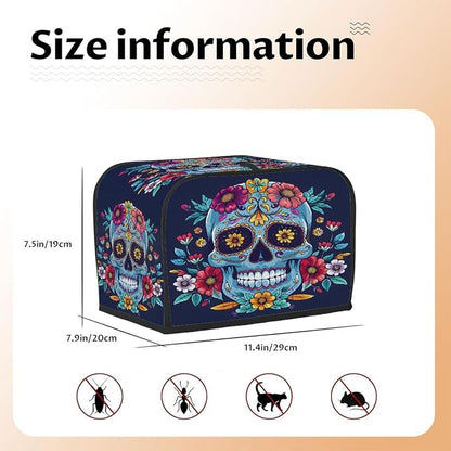 Flower Blue Skull Toaster Cover 2 Slice Wide Slot Washable Kitchen Appliance Covers Fingerprint Bread Machine Dust Cover Small Toaster Oven Accessories Covers Bread Maker Bag Women Gift