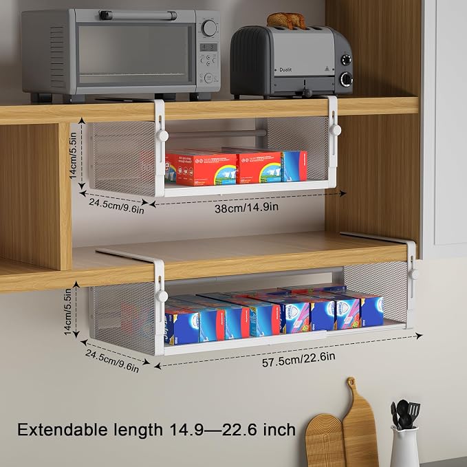 AmonHouseware 2Pack Under Shelf Basket, Adjustable Hanging Under Cabinet Shelf Storage, Hanging Holder Length Stretchable 14.9-22.6Inch for Kitchen Pantry Desk Counter Bookshelf Cupboard (White)