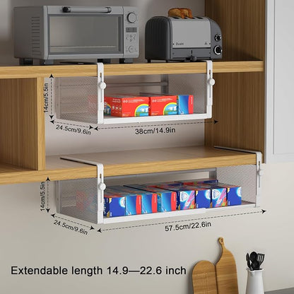 AmonHouseware 2Pack Under Shelf Basket, Adjustable Hanging Under Cabinet Shelf Storage, Hanging Holder Length Stretchable 14.9-22.6Inch for Kitchen Pantry Desk Counter Bookshelf Cupboard (White)