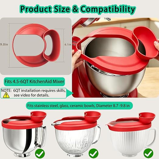Flour Funnel with Pouring Shield for KitchenAid 4.5-6QT Mixer, Silicone Splash Guard with Flour Funnel for Kitchen Aid Mixer Tilt-Head and Bowl-Lift, Dishwasher Safe Baking Tool (Red)