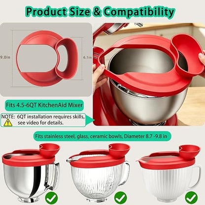 Flour Funnel with Pouring Shield for KitchenAid 4.5-6QT Mixer, Silicone Splash Guard with Flour Funnel for Kitchen Aid Mixer Tilt-Head and Bowl-Lift, Dishwasher Safe Baking Tool (Red)