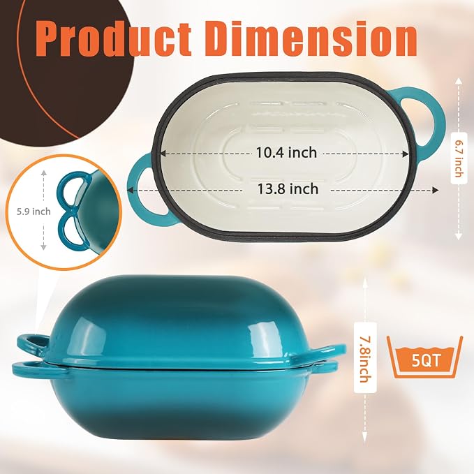 Enameled Cast Iron Oval Dutch Oven Pot with Lid, 5 QT Dutch Oven for Sourdough Bread Baking, Bread Loaf Pan with Lid & Bread Oven (Blue-Green)