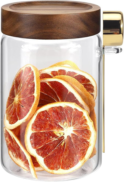 Glass Jars with Airtight Lid Scoop 30oz, Glass Coffee Ground Jar Container Round Clear Glass Storage Canister for Bean Spice Pantry Sugar Tea Seasoning Cookies Candy Chocolate (900ml(30oz)-1 Pack-B)
