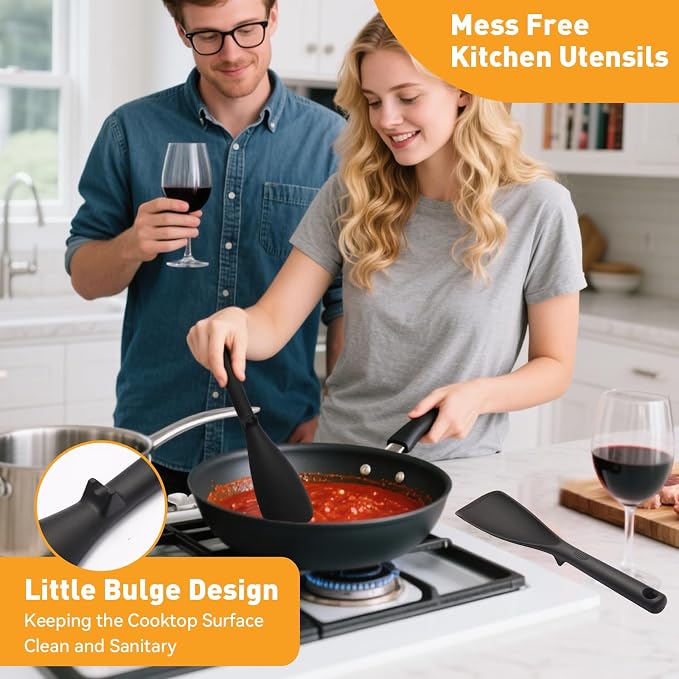 12.6" Extra Long Silicone Spatula Spoon for Nonstick Cookware, Seamless One-Piece Design Cooking Spoon with Built-in Tool Rest for Mixing, Scoop and Scrape, Dishwasher Safe, 2 Pack, Black