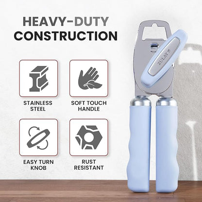 Zulay Kitchen Heavy Duty Stainless Steel Can Opener Manual with Bottle Opener - Rust Proof Manual Can Opener With Turn Knob & Comfy Soft Grip Handles - Light Blue