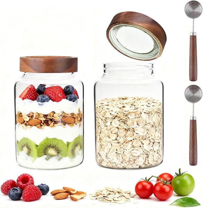 60 oz Glass Coffee Jars with Wooden Airtight Lid Spoon Clear Herb Ground Canister Round Food Storage Container for Sugar Pantry Flours Tea Coffee Bean Spice Cookies (1800ml/60oz-2PACK（with spoon))