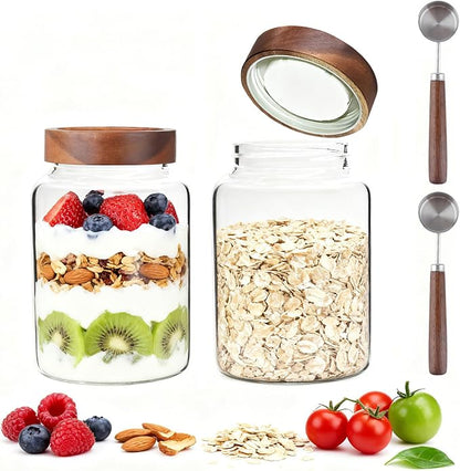 60 oz Glass Coffee Jars with Wooden Airtight Lid Spoon Clear Herb Ground Canister Round Food Storage Container for Sugar Pantry Flours Tea Coffee Bean Spice Cookies (1800ml/60oz-2PACK（with spoon))