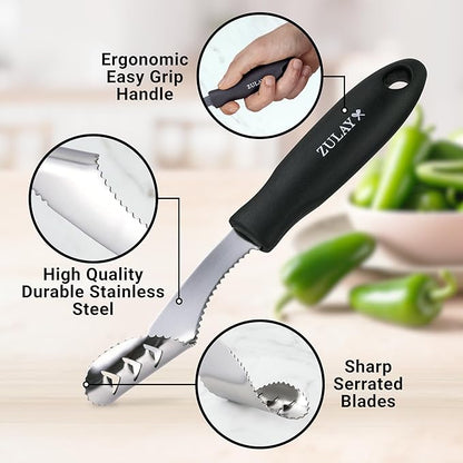 Zulay Kitchen Jalapeno Corer & Seed Remover – 430 Stainless Steel Pepper Coring Tool with Serrated Blade for Effortless Deseeding – Chili, Bell Pepper and Jalapeno Core Remover for Cooking & Grilling