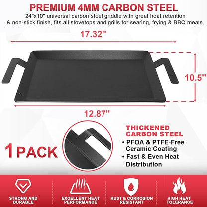 Universal Carbon Steel Griddle for Gas Grill, Griddle Pan for Stove Top, Versatile Stovetop Oven, Induction Cooktop, Flat Top Plate for Charbroil Etc. All Gas & Charcoal Grill 24" x 10"