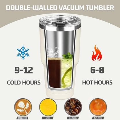30 oz Tumbler with Lids and Straws, Stainless Steel Insulated Coffee Tumbler, Double Wall Vacuum Insulated Travel Mug Cup, Leakproof Thermal Coffee Cup for Hot and Cold Drinks (Cream)