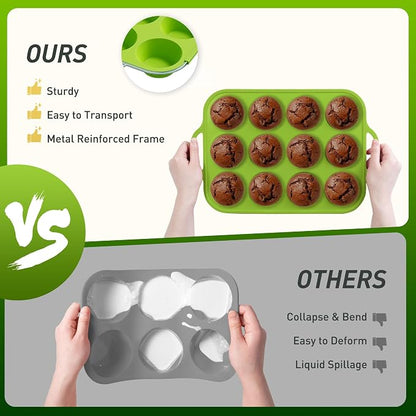 Socisen 12 Cups Silicone Muffin Pan with Metal Reinforced Frame Regular Size Cupcake Pan Tray Egg Bites Silicone Circle Cookie Molds Muffin Tin Tart Pans Baking Sheet Set for Oven Dishwasher Safe