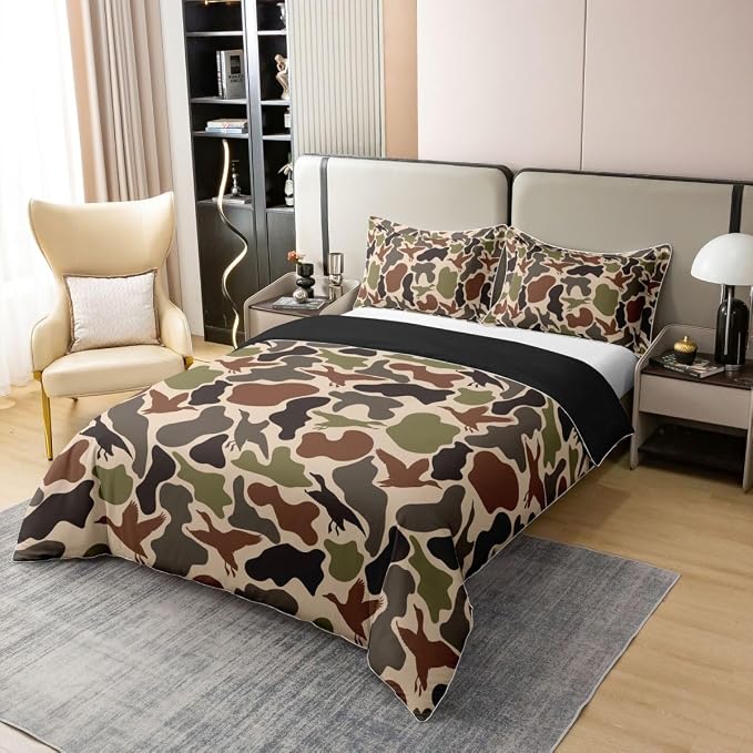 Duck Hunting Duvet Cover Set 100% Cotton Army Camo Twin Size Bedding Set Green Brown Camouflage Military Comforter Cover for Kids Rustic Farmhouse Wild Animal Bedding with 1 Pillowcase(No Comforter)