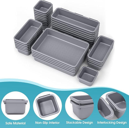 33 PCS Drawer Organizer Set, 4 Size Makeup Drawer Divider Organizer With Non-Slip Pads, Interlocking Plastic Storage Bins for Office,Jewelry Vanity,Gadgets, Bathroom,Kitchen, Grey