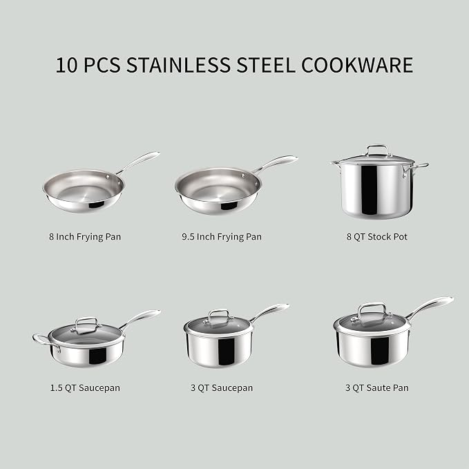 10 Pcs Stainless Steel Pots and Pan Sets for Various Cooking Needs | 5 Ply Clad, Compatible with All Cooktops, PTFE, PFAS and PFOA Free, Dishwasher Safe, Oven Safe Up to 800F