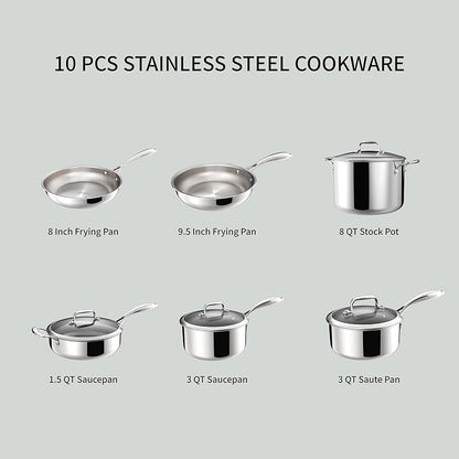 10 Pcs Stainless Steel Pots and Pan Sets for Various Cooking Needs | 5 Ply Clad, Compatible with All Cooktops, PTFE, PFAS and PFOA Free, Dishwasher Safe, Oven Safe Up to 800F