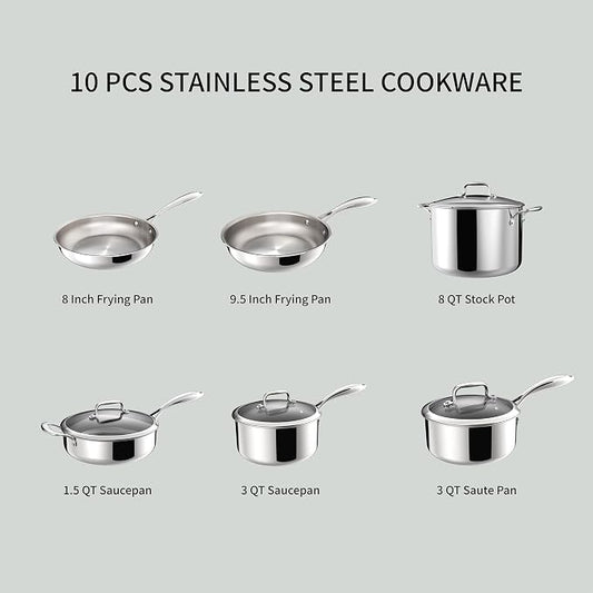 10 Pcs Stainless Steel Pots and Pan Sets for Various Cooking Needs | 5 Ply Clad, Compatible with All Cooktops, PTFE, PFAS and PFOA Free, Dishwasher Safe, Oven Safe Up to 800F