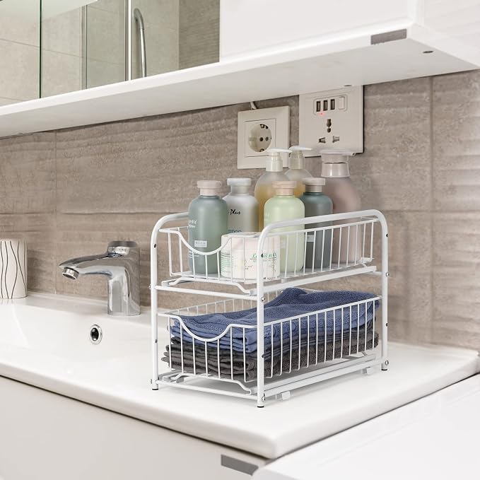 MOOACE 2-Tier Stackable Under Sink Storage Sliding Basket Organizer Drawer for Kitchen, Bathroom, Pantry, Cabinet, White